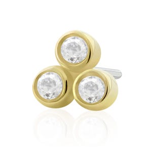 Threadless End: Solid 14K Gold Trinity Besel-set END with Titanium Pin compatible with Ruwse 20g to 14g Threadless back Cubic Zirconia
