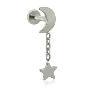 16g-18g Implant Grade Titanium Moon Star Chain END with 16 -18g Threaded Labret BIG Back cartilage earring, earlobe piercing, dangle earring