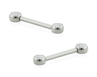 A Pair of  14g  Implant Grade Titanium Nipple Barbells with Front Facing Cubic Zriconia internally threaded. Comfortable Nipple Jewelry