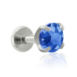 Threaded End & Labret: Implant Grade Titanium Blue Cubic Zircon Prong-set END with 16g or 18g Threaded Labret BIG Back ear, mouth piercing