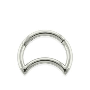 May include: A polished silver-toned metal segment ring shaped like a crescent moon. The jewelry features a smooth, reflective surface with a hinged opening mechanism visible on the upper right side, creating a continuous curved silhouette.