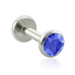 Extremo roscado y labret: titanio de grado de implante con engaste de gemas planas azules, extremo con perforación en labio roscado GRANDE de 16 g o 18 g