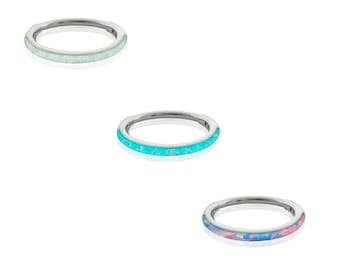 18g Implant Grade Titanium Clicker with Side Facing Opal Nose hinged hoops, Earlobe earrings.