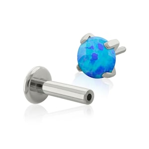 Threadless End & Labret: Implant Grade Titanium Prong setting 4 Dark Blue Opal end with Push-in labret Back 20g to 14g ear cartilage
