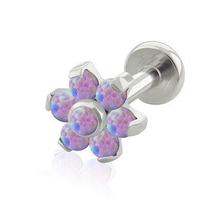 Extremo de flor roscada de titanio de grado de implante de 16 g o 18 g con engaste de ópalo y labret, parte posterior plana GRANDE (superior e inferior)