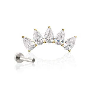 Threaded End & Labret Implant Grade Titanium Cubic Zircon Prong set Crown Teardrop  with 16g -18g SMALL Back helix catilage piercing