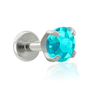 Threaded End & Labret: Implant Grade Titanium Aquamarine Cubic Zircon Prong-set END with 16g or 18g Threaded Labret BIG Back ear piercing