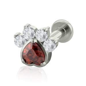 Threaded End and Labret Implant Grade Titanium Gemmed Paw Print Prong setting Cubic Zirconia 16g -18g SMALL Back ear, cartilage piercing