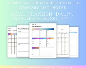 WEEKLY DAILY MONTHLY  meal Planner  Printable Planner  Food Diary  Grocery List  Meal Prep and Healthy Eating Letter Size Instant Download