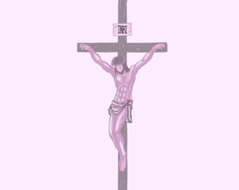Pink and Purple Jesus on the Cross DIGITAL PRINT (Hebrew INRI -- Iesus Nazarenus Rex Iudaeorum, Jesus of Nazareth, King of the Jews)