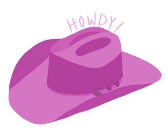 Può includere: Un cappello da cowboy rosa con la scritta "HOWDY!" sopra.