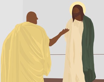 Può includere: Un uomo con una tunica gialla con una striscia rossa tende la mano a un uomo con una tunica bianca e uno scialle verde. L'uomo con la tunica bianca ha un'aureola sopra la testa.