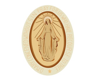 Può includere: Un'icona religiosa ovale beige con un bordo dorato. L'icona presenta una rappresentazione della Vergine Maria con una veste dorata e un'aureola. Il testo intorno all'icona dice "O Maria, concepita senza peccato, prega per noi che ricorriamo a te".