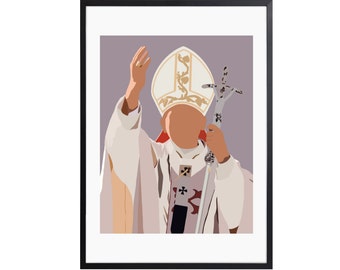 Può includere: Una figura religiosa bianca e dorata che indossa una veste bianca e un cappello bianco e dorato, tenendo uno scettro con una croce in cima. La figura è in piedi davanti a uno sfondo viola.
