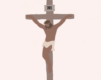 Può includere: Una rappresentazione di Gesù Cristo su una croce di legno con l'iscrizione "INRI" sopra la sua testa. Indossa una corona di spine e un panno bianco intorno alla vita.