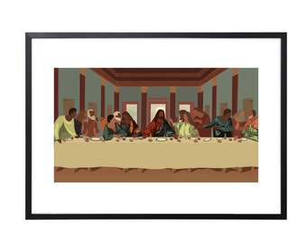 Può includere: Un dipinto digitale che rappresenta una scena dell'Ultima Cena con un gruppo di persone sedute attorno a un lungo tavolo. Le persone sono tutte vestite con abiti moderni e la scena si svolge in una sala da pranzo moderna.