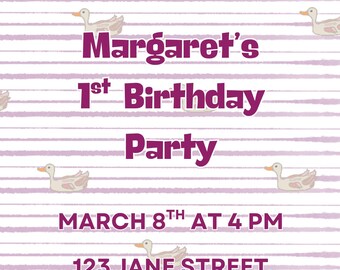 Little Girl’s Birthday Party Invitation Customizable Digital Template - Swimming Ducks Background