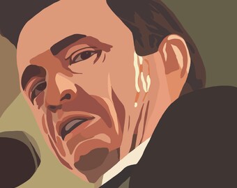 Può includere: Un primo piano del viso di un uomo, con un'espressione seria. Ha i capelli scuri e indossa un abito scuro. L'immagine è in stile cartone animato.