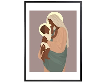 Mary holding baby Jesus DIGITAL PRINT purple background (Catholic wall art, Christian wall art, Catholic Mothers Day gift)