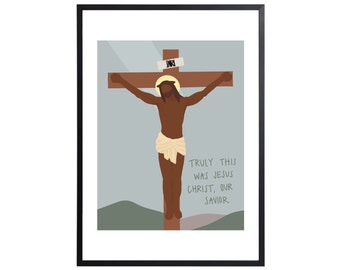Può includere: Un'illustrazione incorniciata di una persona su una croce con il testo "TRULY THIS WAS JESUS CHRIST, OUR SAVIOR" sotto. La persona è raffigurata con la pelle marrone e un panno giallo intorno alla vita. La croce è marrone e ha un cartello sopra che dice "INRI".