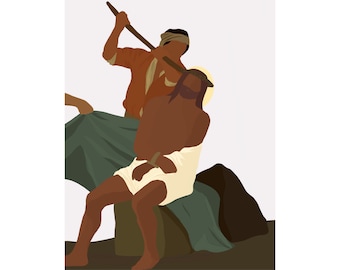 Può includere: Un'illustrazione digitale di una scena che rappresenta un uomo con gli occhi bendati che tiene un bastone e colpisce un uomo legato seduto su una roccia.