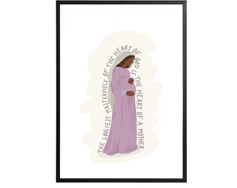 Può includere: Un'illustrazione digitale di una donna incinta con un vestito viola con una citazione che recita: "Il capolavoro più umile del cuore di Dio è il cuore di una madre."