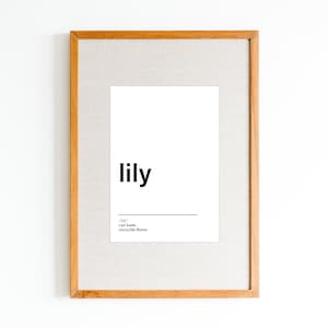 NEW Lily name meaning print | Black and white name poster | Modern nursery name art | Minimalist name wall art