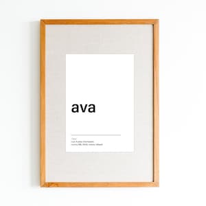 NOUVEAU nom Ava signifiant imprimer | Affiche nominative en noir et blanc | Art moderne du nom de pépinière | Art mural au nom minimaliste