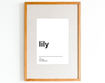 NEW Lily name meaning print | Black and white name poster | Modern nursery name art | Minimalist name wall art