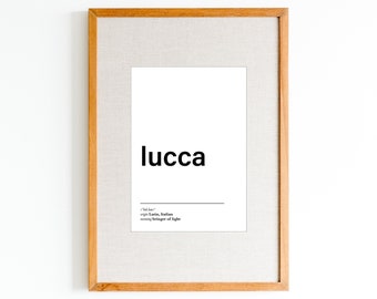 Impressão NOVO do significado do nome de Lucca | Pôster com nome em preto e branco | Arte moderna do nome do berçário | Arte minimalista de parede com nome