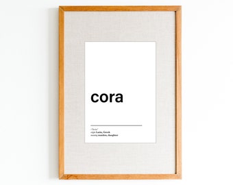 NOVO significado do nome Cora impressão | Pôster com nome em preto e branco | Arte moderna do nome do berçário | Arte minimalista de parede com nome