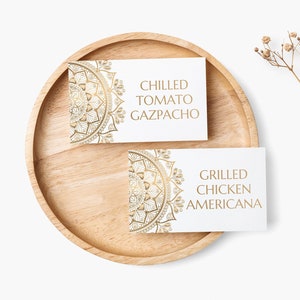 Etiqueta de comida de casamento Etiqueta de buffet de casamento Cartão de comida Cartão de mesa de casamento Dobrado Etiquetas de alimentos personalizadas Mandala Tenda Cartão Modelo de cartão de buffet
