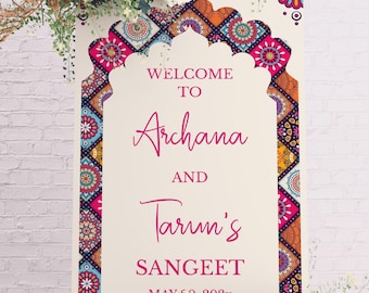May include: A welcome sign for a Sangeet celebration with a colorful patterned border. The sign reads "Welcome to Archana and Tarun's Sangeet May 20, 202x".