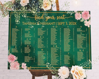 May include: A green and gold wedding seating chart with floral accents. The chart is titled "find your seat" and lists the names of guests under the letters of the alphabet. The chart is on an easel with flowers.