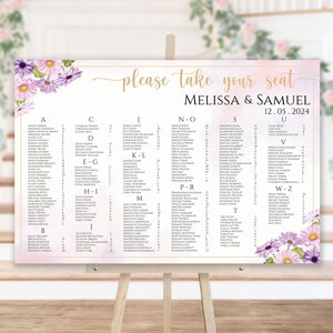 Stoelindeling Wilde Bloemen Bruiloft Alfabetisch Stoelindeling Sjabloon Bruiloft Zitindeling Paarse Bloemen Alfabetische Tafelindeling 200 Gasten