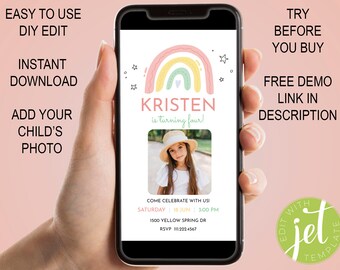 Birthday Invitation Photo Invitation Rainbow Birthday Digital Invite Girl Birthday Party Invite for Kids Rainbow Bday Invitation with Pic