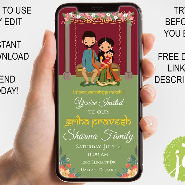 Griha Pravesh Family Invite - Baby Boy or Baby Girl | Housewarming Ceremony Phone Invite | WhatsApp, Text Message | Instant Download