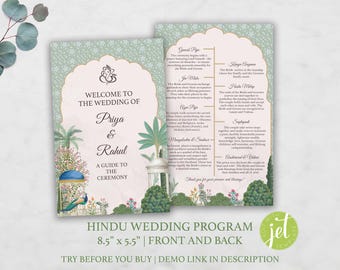 May include: A Hindu wedding program guide with a green and gold floral design. The front features a peacock and the text "Welcome to the Wedding of Priya & Rahul". The back lists the different parts of the ceremony, including "Guest Puja", "Kanya Aagaman", "Hath Milap", "Saptapadi", "Conditional to Union".