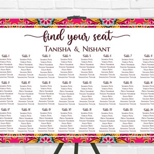 Könnte beinhalten: Ein farbenfroher Sitzplan mit einem rosa, gelben und blauen Muster an der Kante. Der Plan ist mit "find your seat" und "TANISHA & NISHANT" betitelt. Der Plan listet 24 Tische mit Namen für jeden Tisch auf.
