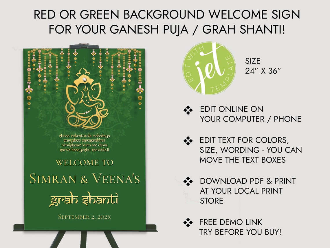 Shantinegi Sign Format Grah Shanti Welcome Sign for Ganesh Puja Function Indian Wedding Sign ...