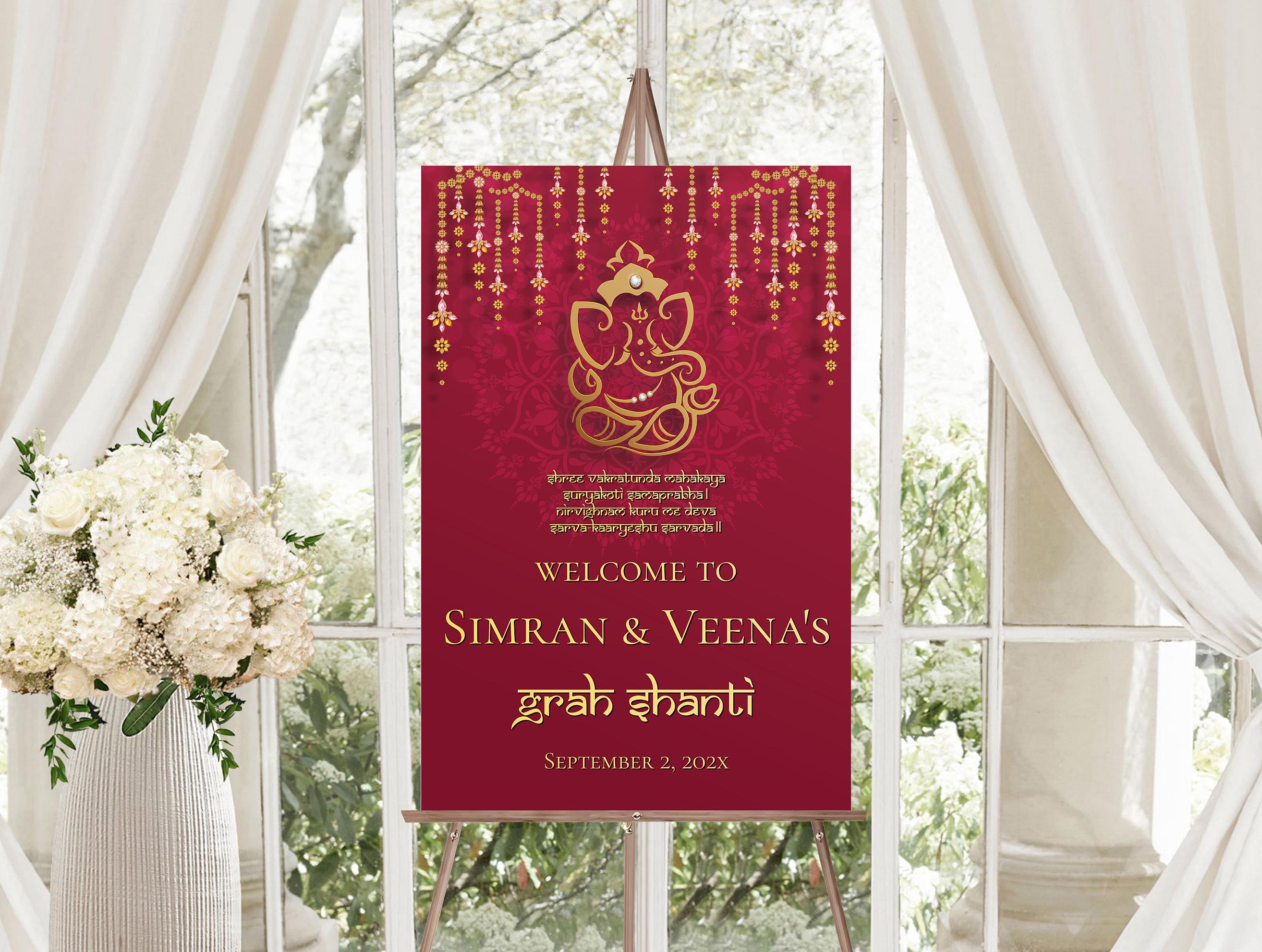 Shantinegi Sign Format Grah Shanti Welcome Sign for Ganesh Puja Function Indian Wedding Sign ...