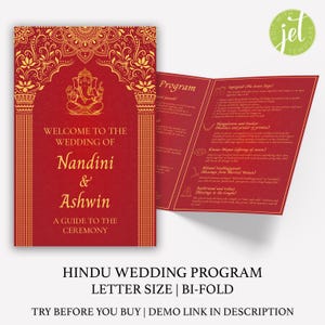 May include: A red and gold Hindu wedding program with a decorative border and the text "Welcome to the Wedding of Nandini & Ashwin, A Guide to the Ceremony". The program includes a list of traditional Hindu wedding ceremonies.
