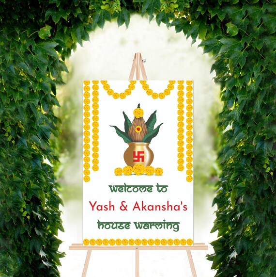 House Warming Welcome Sign | Griha Pravesh Ceremony | Kalash & Marigold | Editable | Instant Download | 24"x36" and 18"x24"