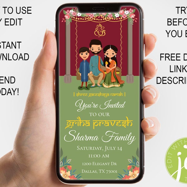 Griha Pravesh Family Invite with Ganesh Ji | Housewarming Ceremony Phone Invite | WhatsApp, Text Message | Editable | Instant Download