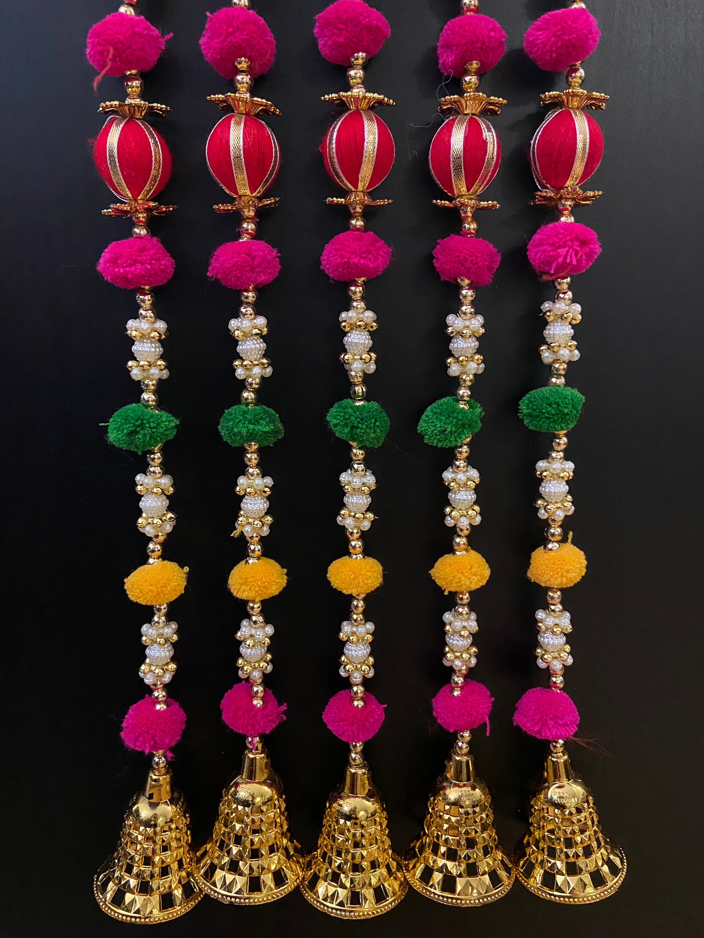Traditional Indian Door Decorative Hanging Cotton String Ornaments with Bells (Set of 2)