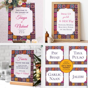 May include: Four printable signs with a colorful Indian-inspired pattern. The signs say "Welcome to the Sangeet of Tanya & Nishant", "Swag Up Your Look the Desi Way! Bangles, Bindis & Beautiful Potlis on the House", "Favors Please Take One Thank You for Celebrating with Us on Our Special Day! With Love Tanya & Nishant", and "Pav Bhaji, Tava Pulao, Garlic Naan, Jalebi".