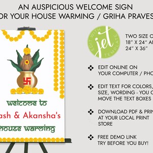 May include: A printable housewarming sign with a yellow and green design. The sign features a traditional Indian pot with a swastika symbol, yellow flowers, and the text "Welcome to Yash & Akansha's house warming". The sign is available in two sizes: 18 inches by 24 inches and 24 inches by 36 inches.