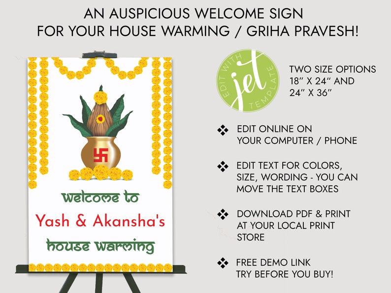 May include: A printable housewarming sign with a yellow and green design. The sign features a traditional Indian pot with a swastika symbol, yellow flowers, and the text "Welcome to Yash & Akansha's house warming". The sign is available in two sizes: 18 inches by 24 inches and 24 inches by 36 inches.