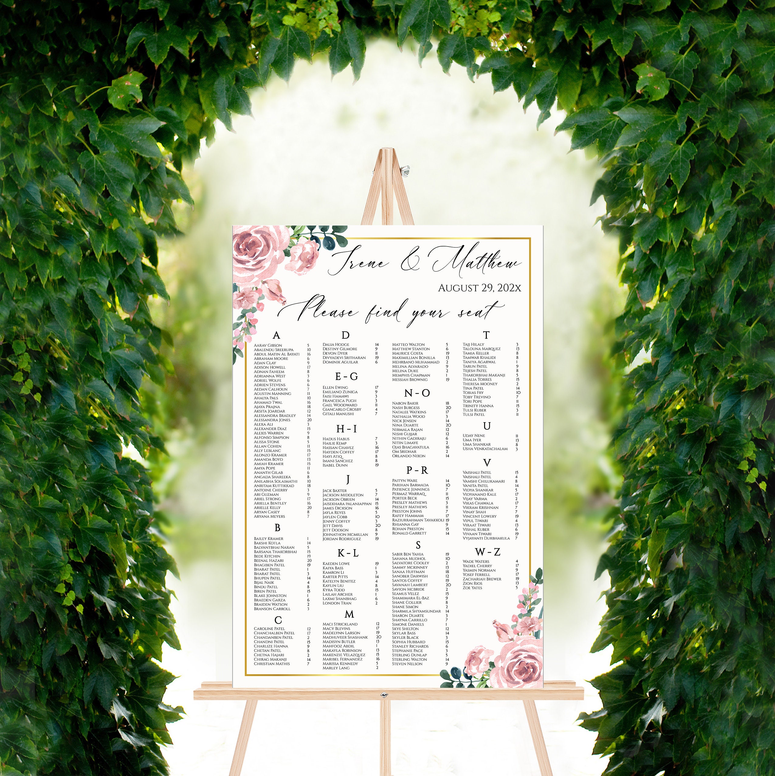 Seating Chart Pink Floral Wedding Alphabetical Seating Chart Template ...