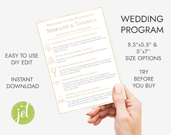 Pode incluir: Um modelo de programa de casamento em ouro e branco com o texto "Bem-vindos ao casamento de Simraan & Tanisha" e um guia para as cerimónias. O programa inclui o texto "Fácil de usar DIY Edit Download instantâneo" e o texto "Programa de casamento 8,5"x5,5" & 5"x7" Opções de tamanho Experimente antes de comprar".